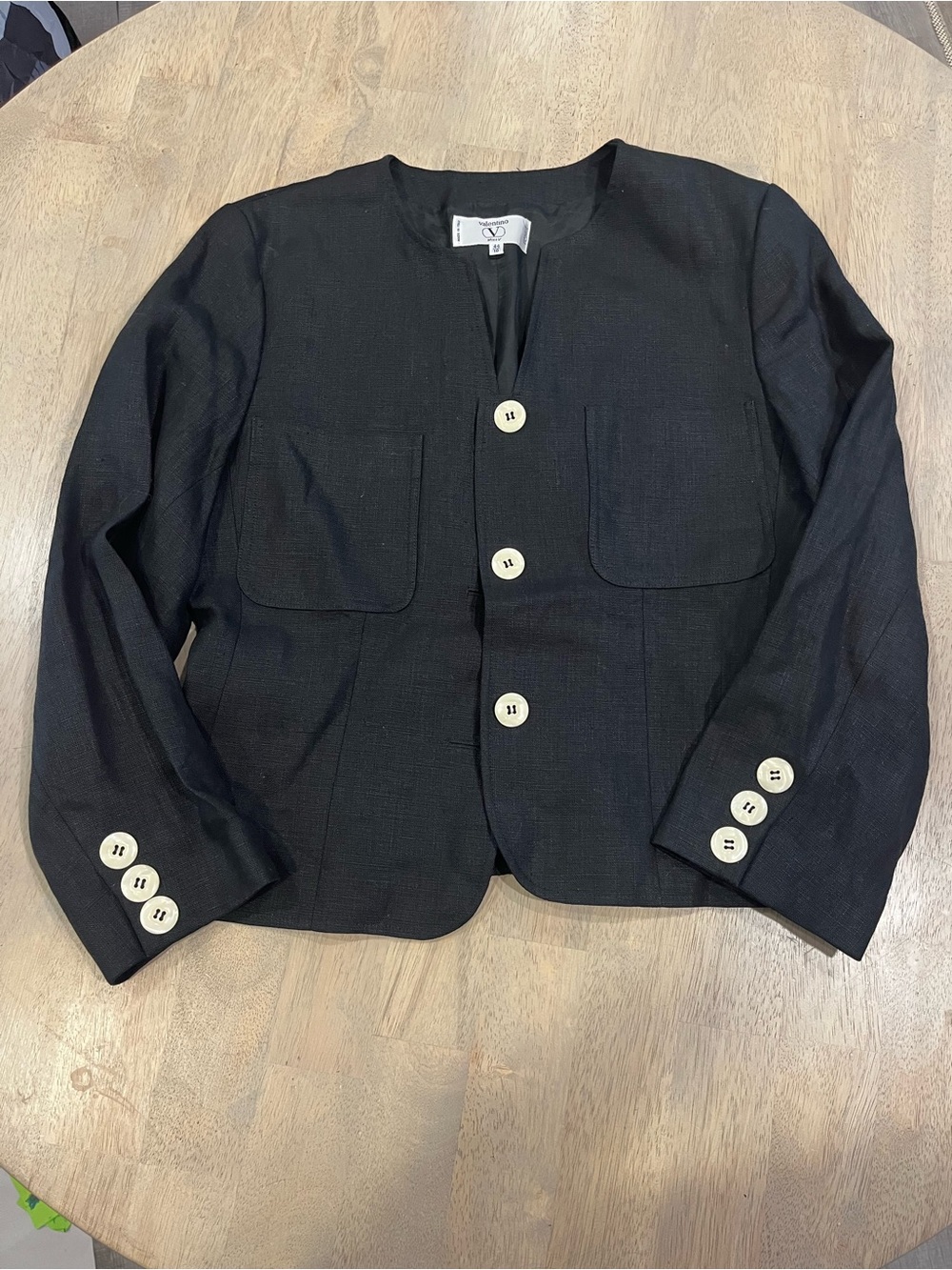 Valentino Vintage Black Blazer with Ivory Buttons, Like New, Size 10